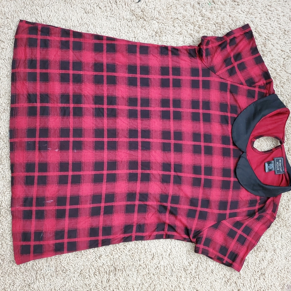Red and black top with scoop neck collar